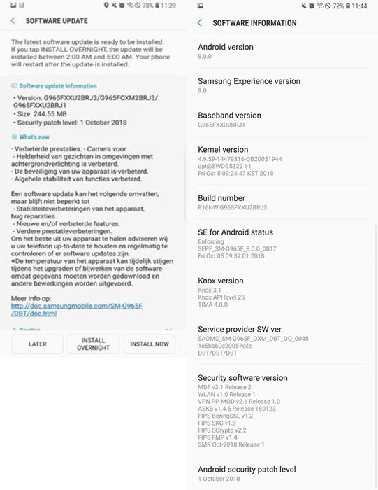 Actualización OTA con el parche de seguridad de octubre de 2018 para el Galaxy S9