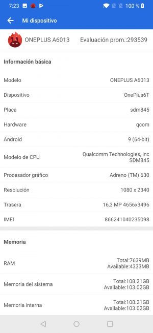 Datos en AnTuTu del OnePlus 6T