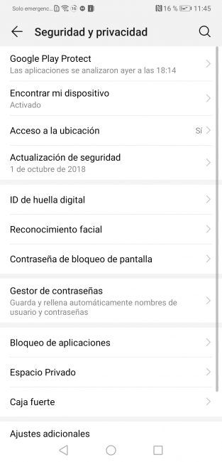 Opciones seguridad Huawei Mate 20
