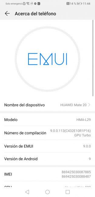 Información del sistema Huawei Mate 20