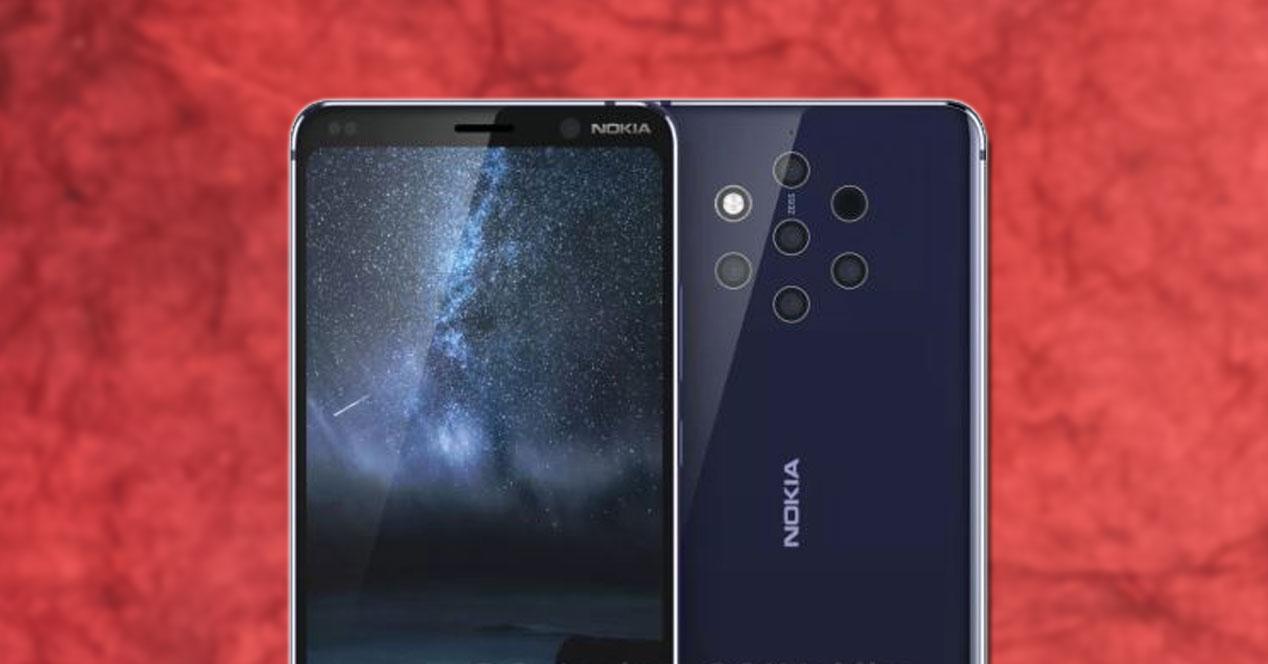 Diseño del Nokia 9 con fondo rojo