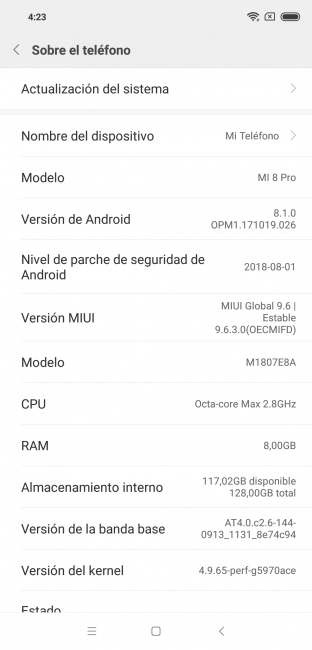 Datos sistema del Xiaomi Mi 8 Pro