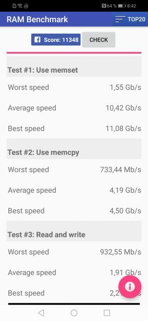 Resultados RAM test con el Honor 8X