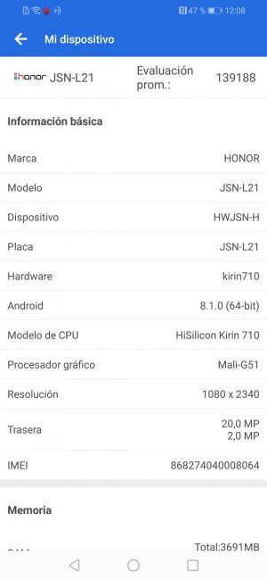 Datos en la prueba AnTuTu con el Honor 8X
