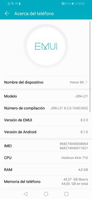 Datos sisteme del Honor 8X