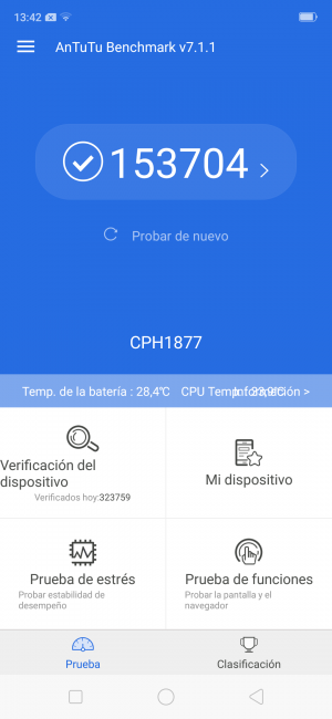 Resultado AnTuTu con el Oppo RX17 Pro
