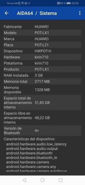 Datos en AIDA64 del Huawei P Smart 2019