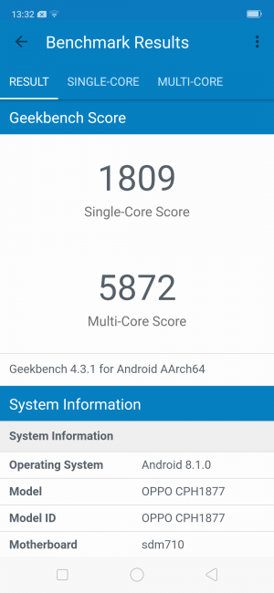 Resultado Geekbench copn el Oppo RX17 Pro