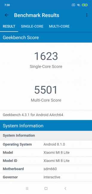 Resultados Xiaomi Mi 8 Lite en Geekbench