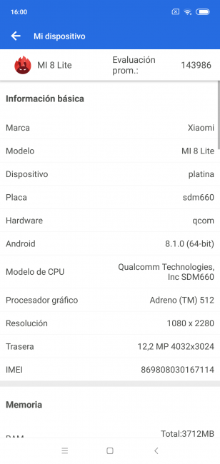 Datos en la prueba AnTuTu con el Xiaomi Mi 8 Lite