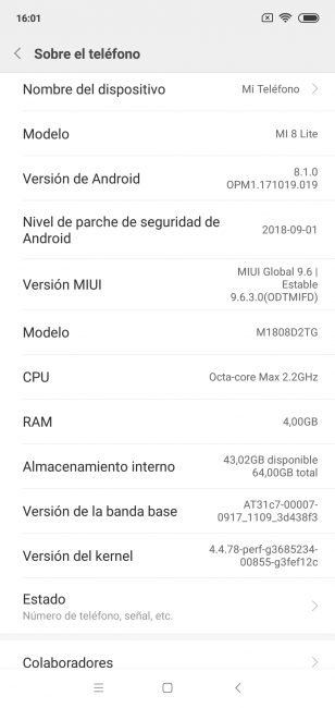 Información del sistema Xiaomi Mi 8 Lite