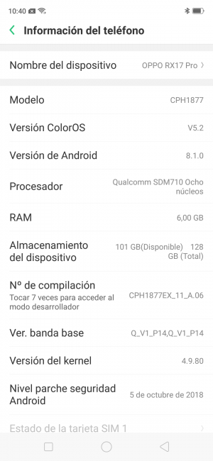 Datos del sistema con el Oppo RX17 Pro