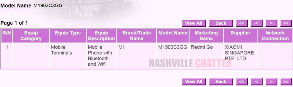 Referencias del Xiaomi Redmi Go en la IMDA de Singapur
