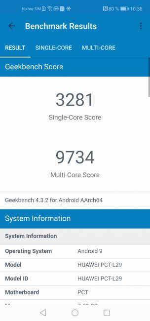 Resultado en Geekbench con el Honor View20