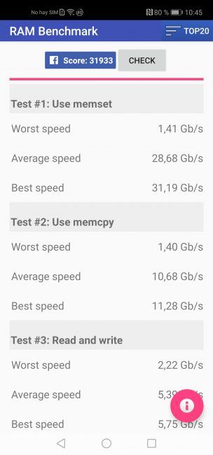 Resultado en RAM Test con el Honor View20