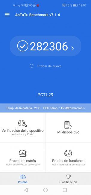 Resultado en Antutu con el Honor View20