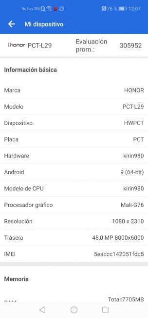 Datos en AnTuTu con el Honor View20