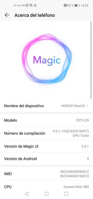 Datos sistema del Honor View20