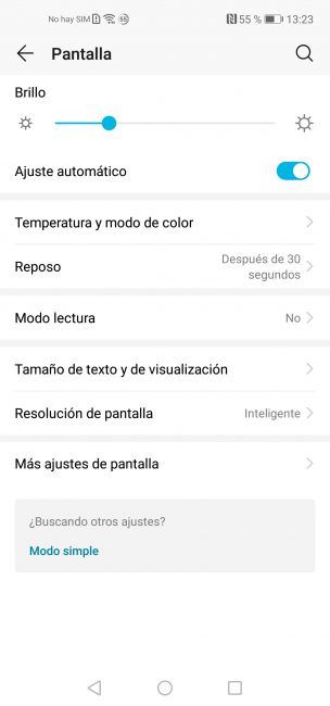 Honor View20 opciones de la pantalla