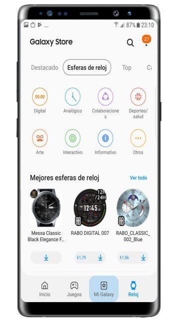 Opciones y categorías smartwatch Galaxy Store