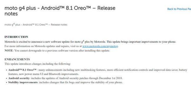 Android 8.1 Oreo del Motorola Moto G4 Plus