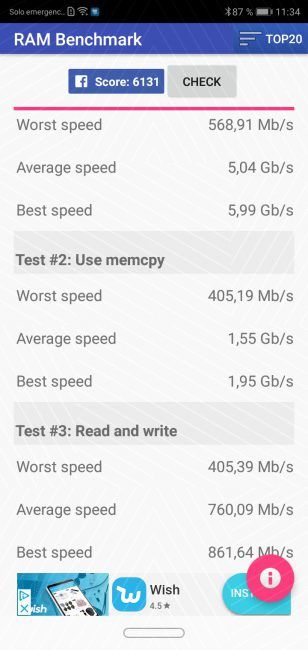 Resultado RAM test Huawei Y9 2019