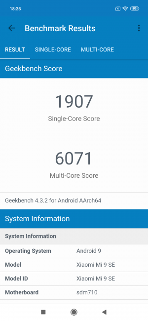 Resultado geekbench con el Xiaomi Mi 9 SE