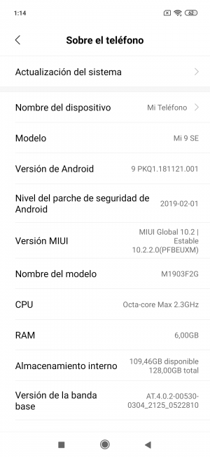 Información del teléfono Xiaomi Mi 9 SE