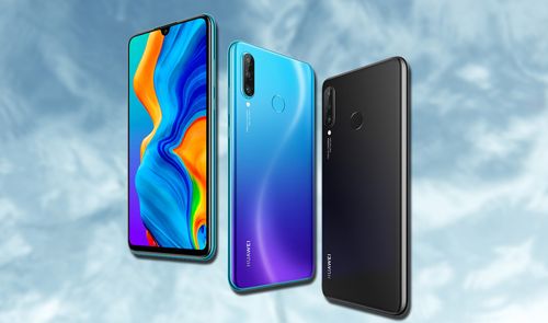 Teléfono Huawei P30 Lite con fondo azul