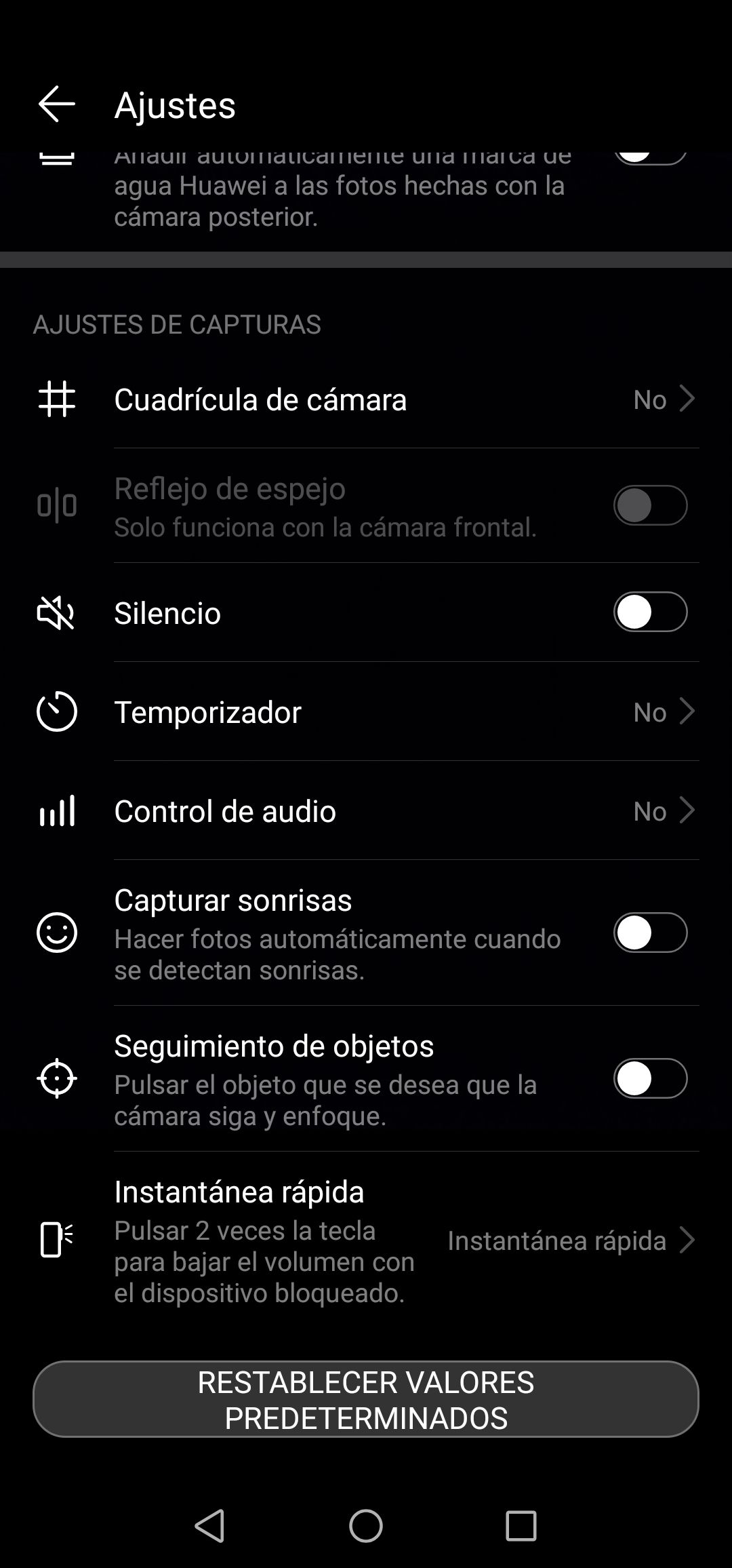 Opciones de la aplicación cámara Huawei P30 Lite