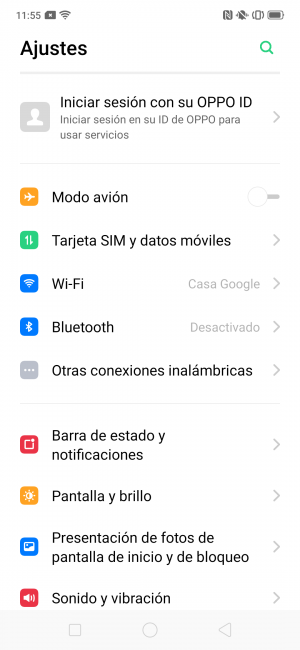 Ajustes del Oppo Reno