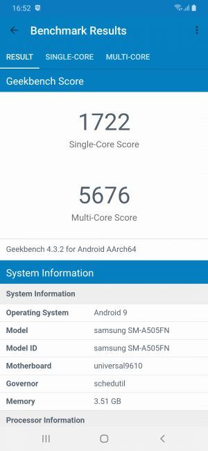resultado en geekbench con el Samsung Galaxy A50