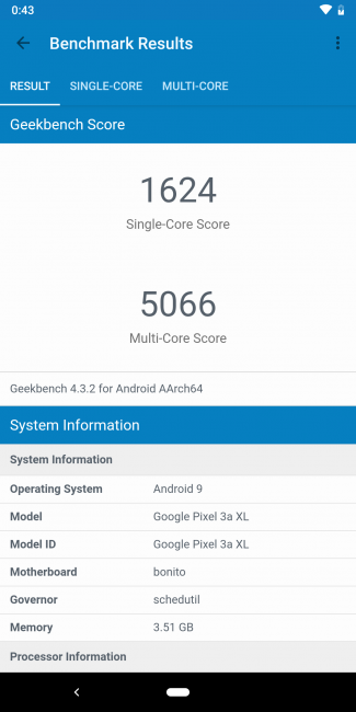 resultado en geekbench con el Google Pixel 3a XL