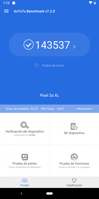 Resultado en antutu con el Google Pixel 3a XL