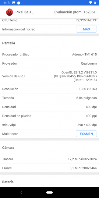 Datos en antutu con el Google Pixel 3a XL