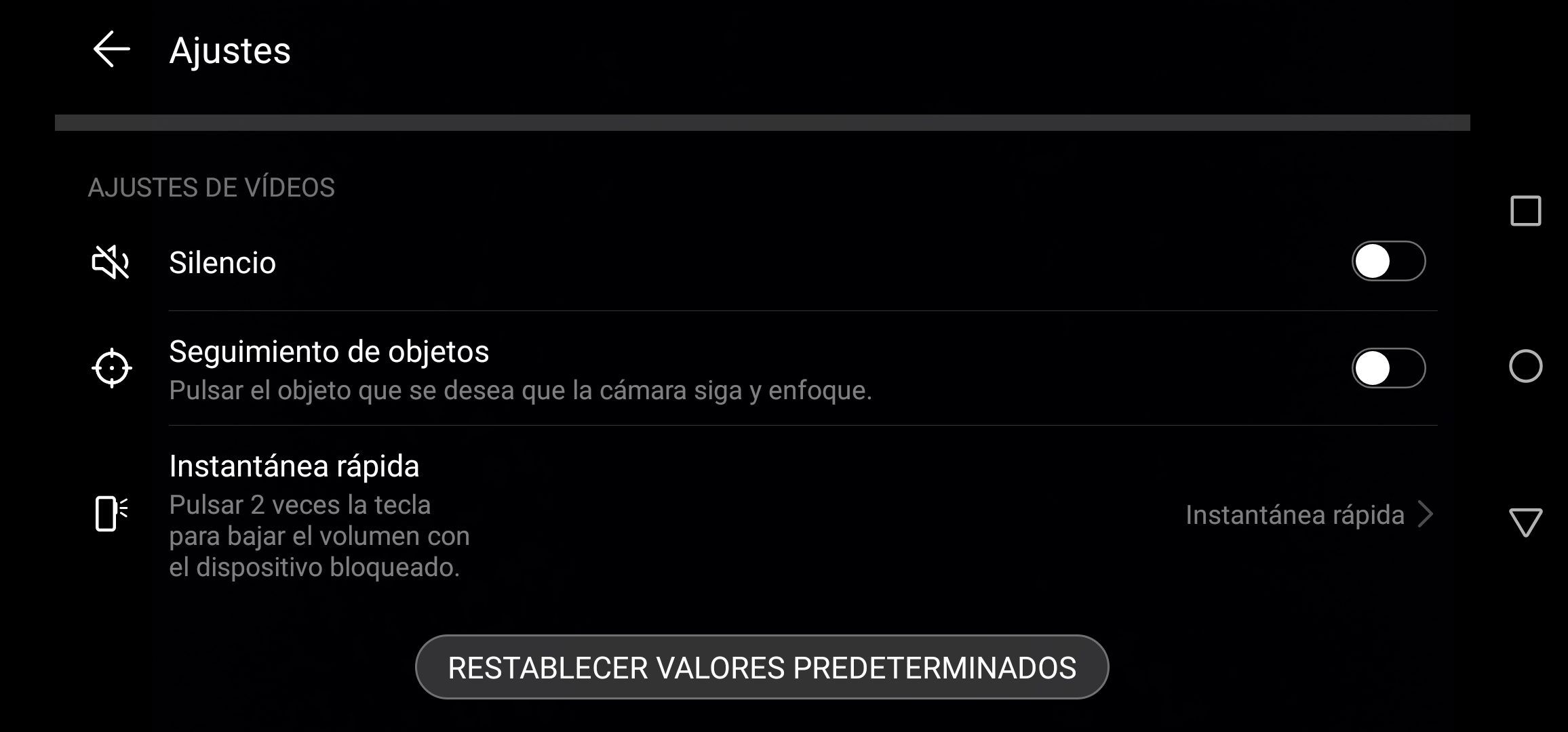 Opciones al grabar vídeo en el Huawei P30 Lite