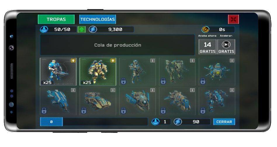Selección de tropas en Battle for the Galaxy