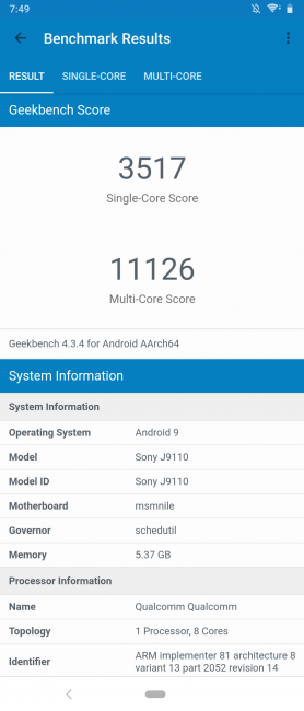 Resultado geebench Sony Xperia 1