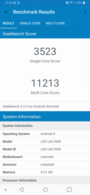 Resultado en Geekbench LG V50 ThinQ 5G
