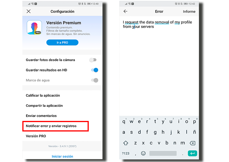 notificar error faceapp