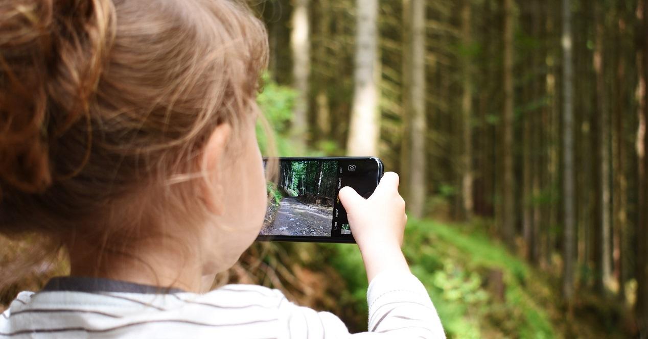 niño con móvil en el bosque sacando una foto