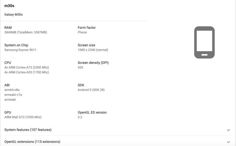 Galaxy M30s consola de Google Play