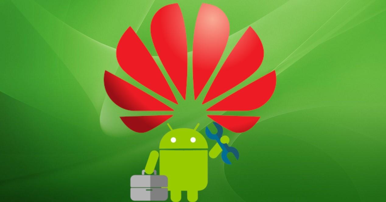 Huawei logo sobre verde y muñeco Andrioid