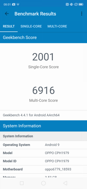 Resultado geekbench Oppo Reno Z