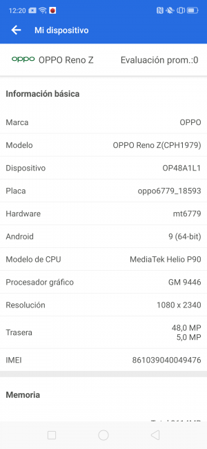 Datos antutu del Oppo Reno Z