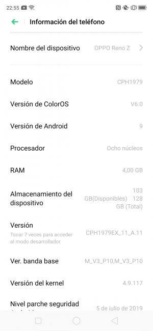 Sistema del Oppo Reno Z