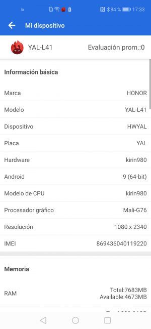Datos antutu Honor 20 Pro