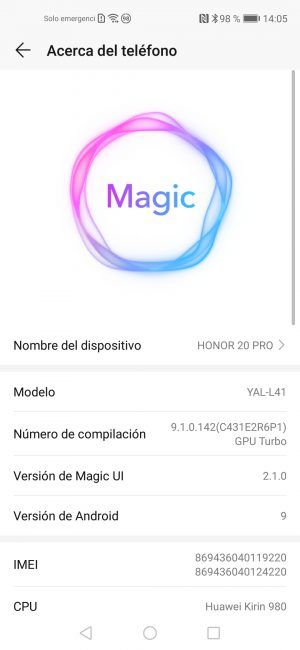 Sistema información Honor 20 Pro