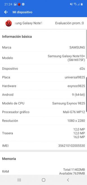 Datos en antutu Samsung Galaxy Note 10 Plus