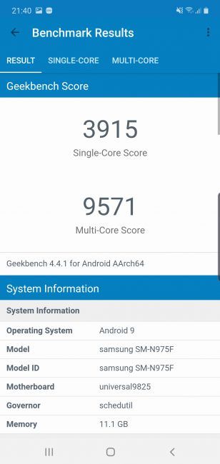 Resultado en Geekbench Samsung Galaxy Note 10 Plus